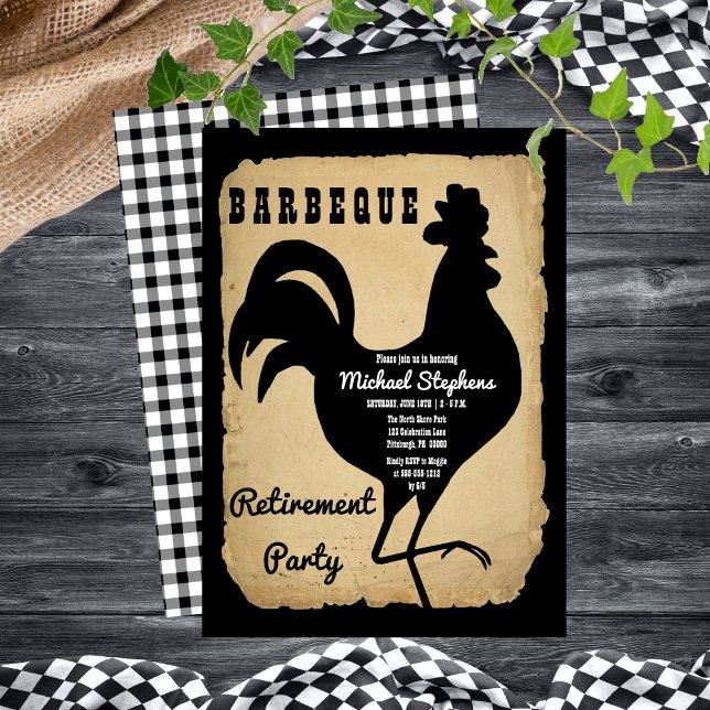 Rustic Country Chicken Barbeque Retirement Party Invitation (Rustic Country Rooster Chicken BBQ Retirement Party Invitation)