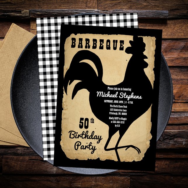 Rustic Country Chicken BBQ 50th Birthday Party  Invitation (Rustic Country Rooster Chicken BBQ 50th Birthday Party Invitation)