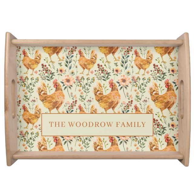 Rustic Country Chicken Family Name Farm Door Mat Serving Tray (Front)