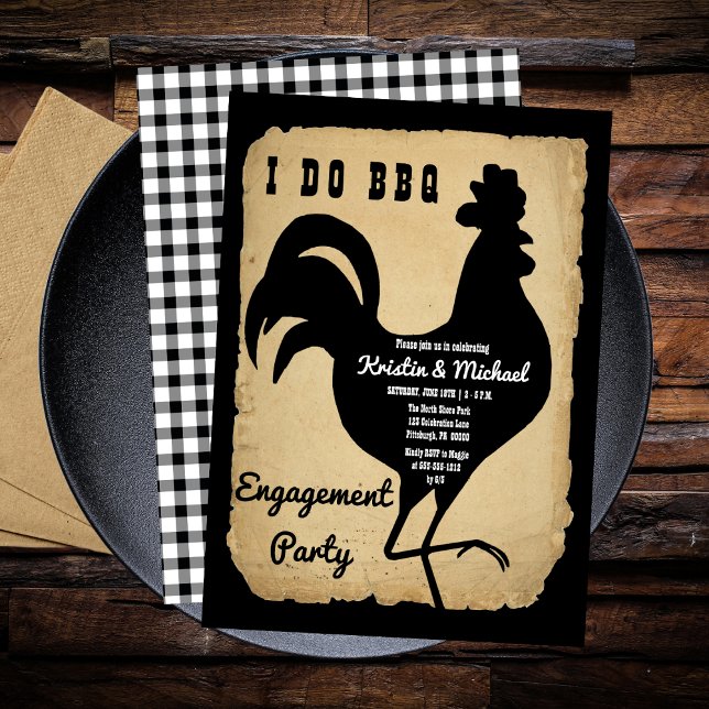 Rustic Country Chicken I DO BBQ Engagement Party Invitation (Rustic Country Rooster Chicken BBQ Engagement Party Invitation)