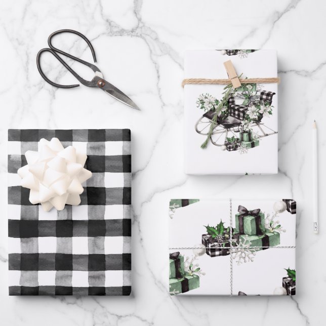 Rustic Country Christmas Buffalo Check Sleigh Wrapping Paper Sheets (Front)
