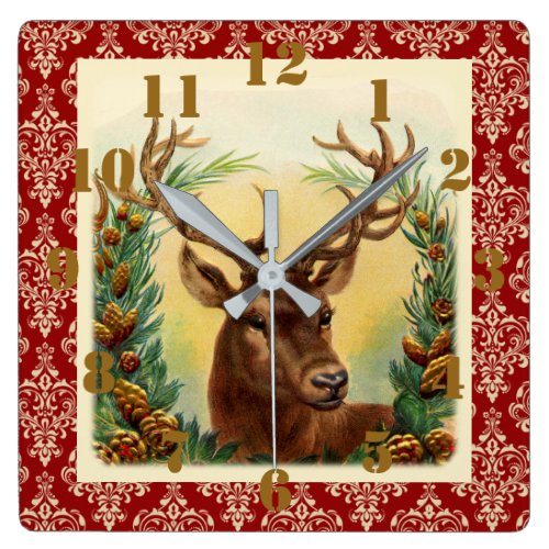 Rustic Country Christmas Deer Elegant Ornate Square Wall Clock
