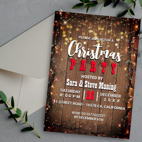 Rustic Country Christmas fairy lights dinner Party Invitation