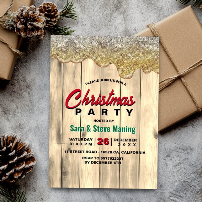 Rustic Country Christmas holiday party gold drips Invitation (Creator Uploaded)