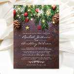 Rustic Country Christmas Holiday Winter Wedding Invitation<br><div class="desc">Rustic winter wedding invitations featuring a dark wooden background,  festive christmas tree branches,  red & gold tree decorations and string twinkle lights.</div>
