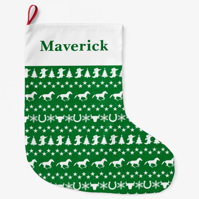 Rustic Country Christmas Horse Pattern Green Large Christmas Stocking (Front)