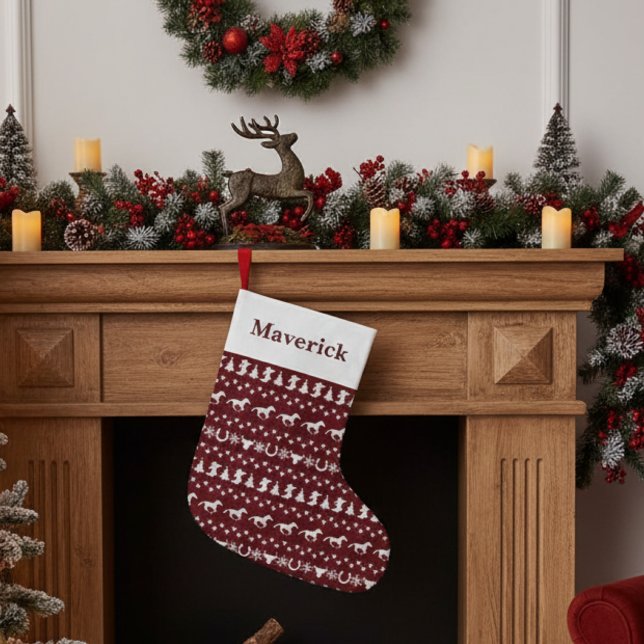 Rustic Country Christmas Horse Pattern Red Large Christmas Stocking (Creator Uploaded)