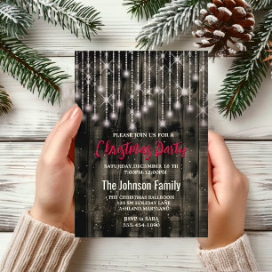 Rustic Country Christmas lights Black Party Invitation