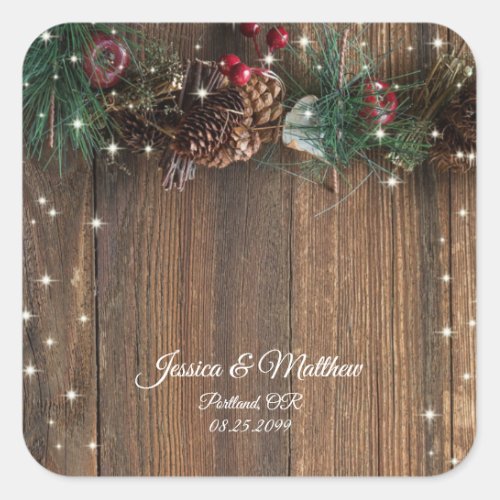 Rustic Country Christmas Pine Garland Wood Snow Square Sticker