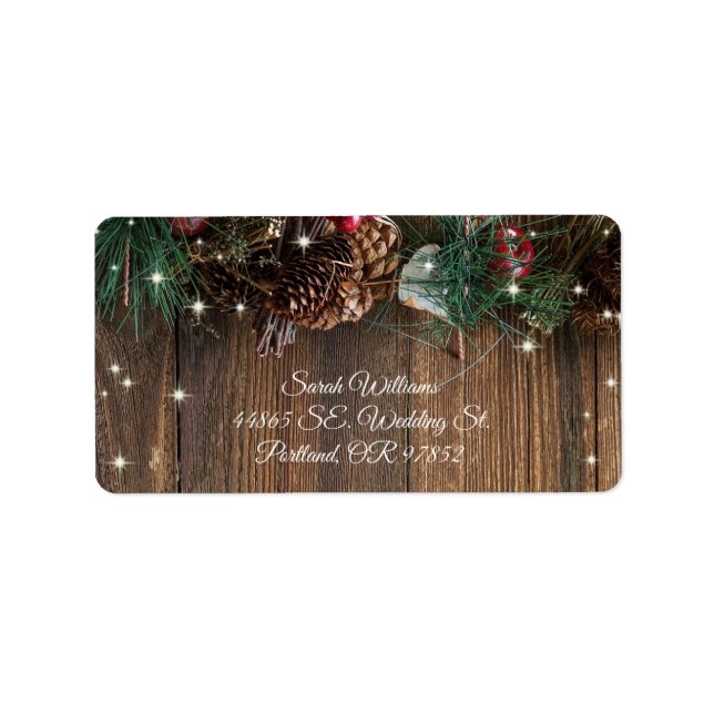 Rustic Country Christmas Pine Garland Wood Sparkle Label (Front)