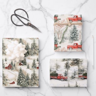 Rustic Country Christmas Red Truck and Village Wrapping Paper Sheets
