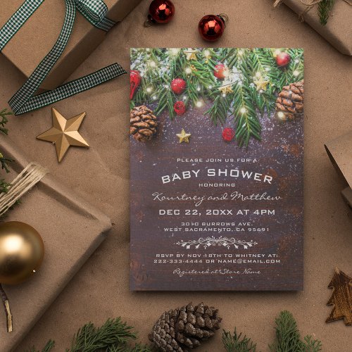 Rustic Country Christmas Tree Ornament Baby Shower Invitation