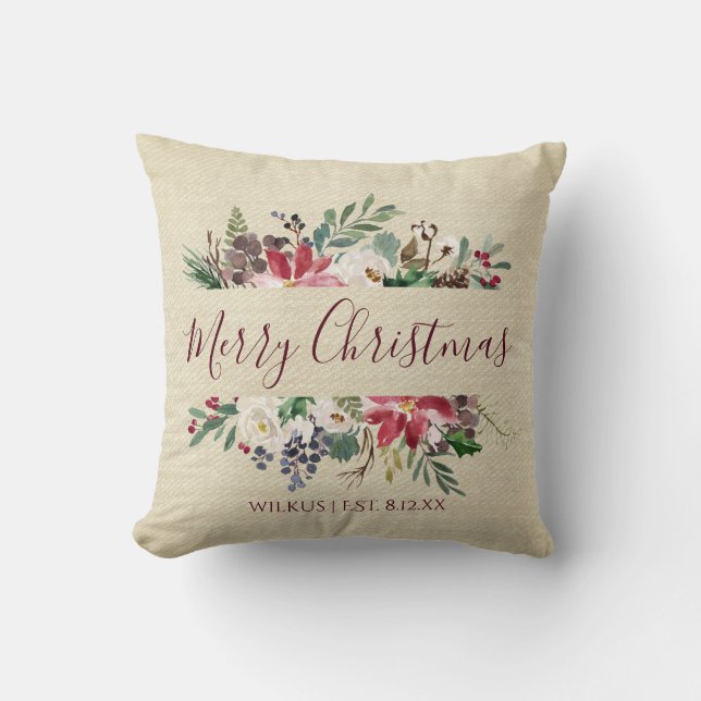 Rustic Country Christmas Winter Watercolor Burlap Throw Pillow (Front)