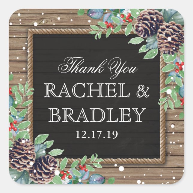 Rustic Country Christmas Winter Wedding Favor Square Sticker (Front)