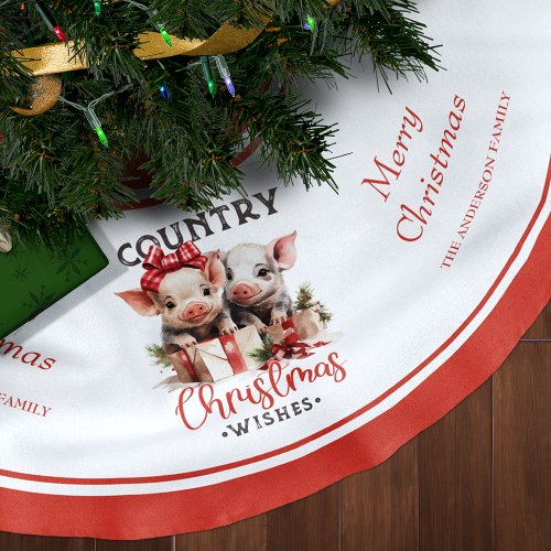 Rustic Country Christmas Wishes Cute Pig Brushed Polyester Tree Skirt