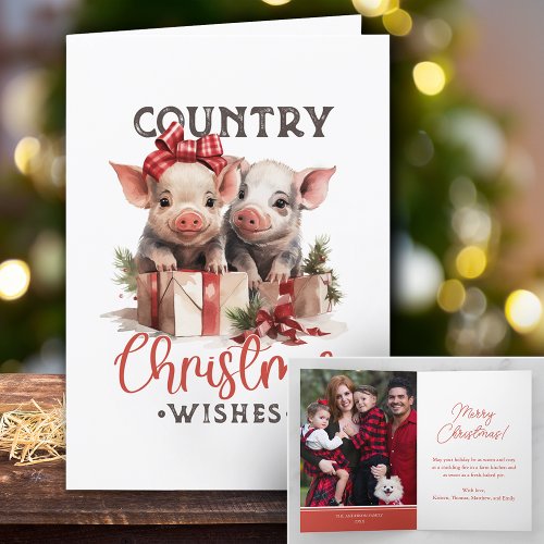 Rustic Country Christmas Wishes Cute Pig Holiday Card