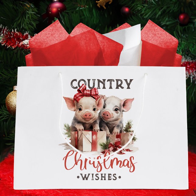 Rustic Country Christmas Wishes Cute Pig Large Gift Bag (Creator Uploaded)