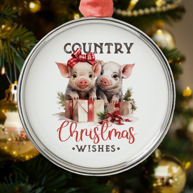 Rustic Country Christmas Wishes Cute Pig Metal Ornament (Creator Uploaded)