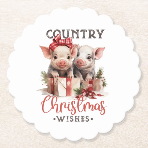 Rustic Country Christmas Wishes Cute Pig Paper Coaster