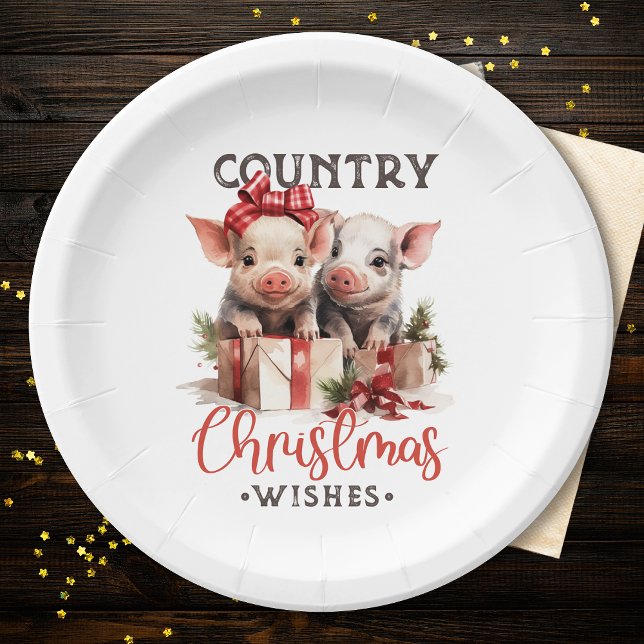 Rustic Country Christmas Wishes Cute Pig Paper Plates (Creator Uploaded)