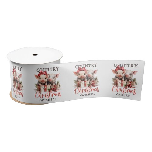 Rustic Country Christmas Wishes Cute Pig Satin Ribbon