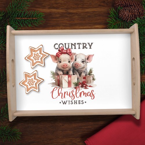 Rustic Country Christmas Wishes Cute Pig Serving Tray