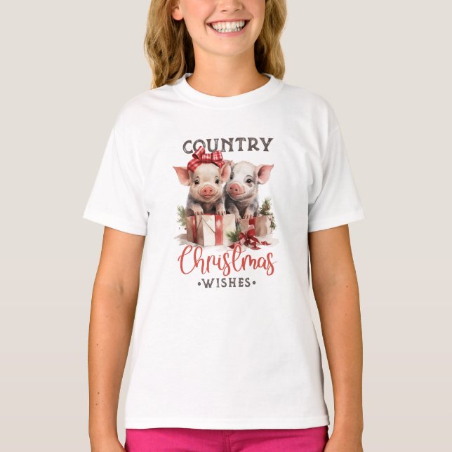 Rustic Country Christmas Wishes Cute Pig T-Shirt (Front)