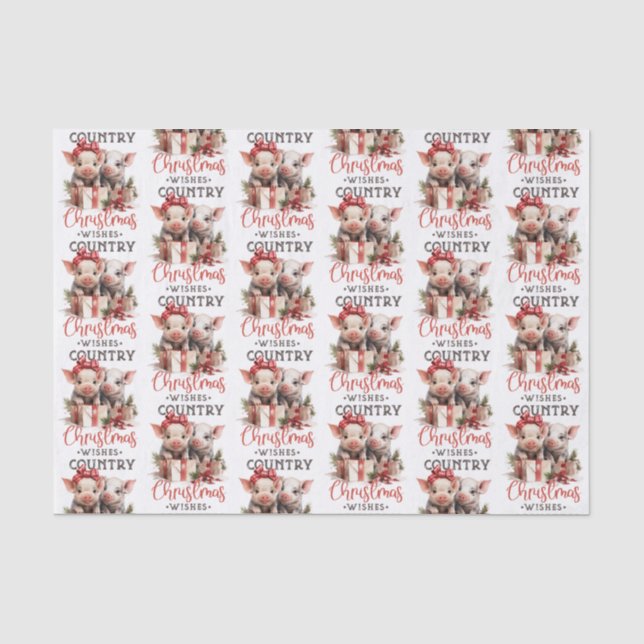Rustic Country Christmas Wishes Cute Pig Tissue Paper (Front)