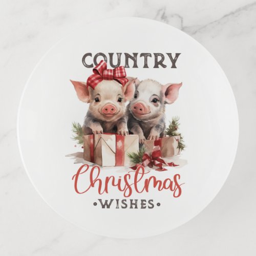 Rustic Country Christmas Wishes Cute Pig Trinket Tray