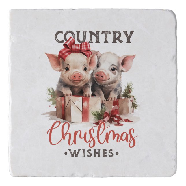 Rustic Country Christmas Wishes Cute Pig Trivet (Front)