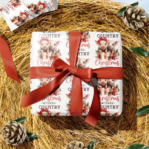 Rustic Country Christmas Wishes Cute Pig Wrapping Paper