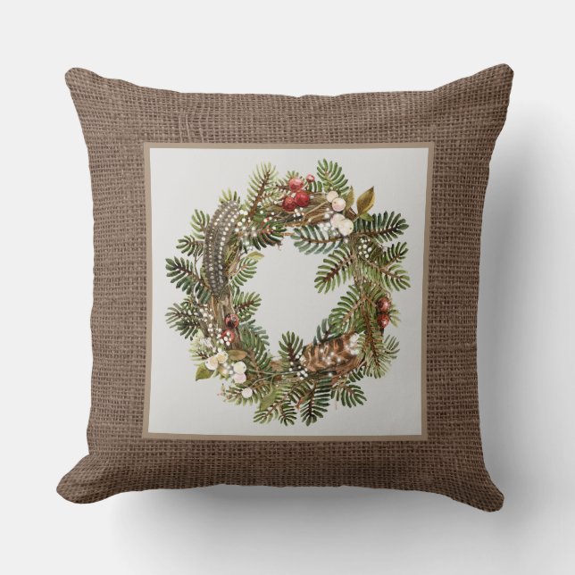 Rustic Country Christmas wreath Holiday Throw Pillow (Front)