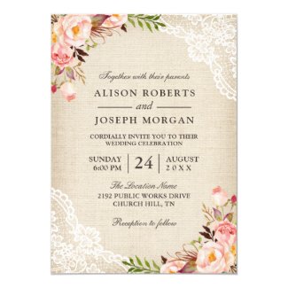 Burlap and Lace Wedding Invitation with Pink Roses