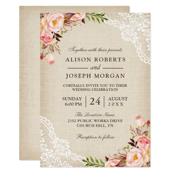 256767169715891473 Rustic Country Classy Floral Lace Burlap Wedding Invitation