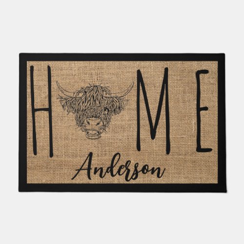 Rustic Country Cool Cow Faux Burlap Family Name Do Doormat