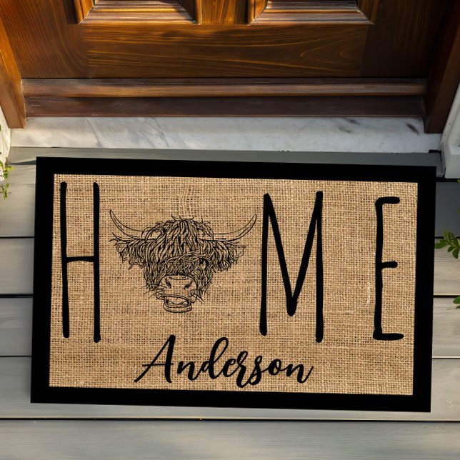 Rustic Country Cool Cow Faux Burlap Family Name Do Doormat (Creator Uploaded)