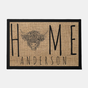 Rustic Country Cool Cow Faux Burlap Family Name Do Doormat