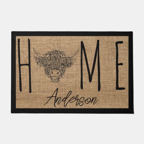 Rustic Country Cool Cow Faux Burlap Family Name Doormat