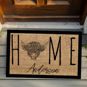 Rustic Country Cool Cow Faux Burlap Family Name Doormat