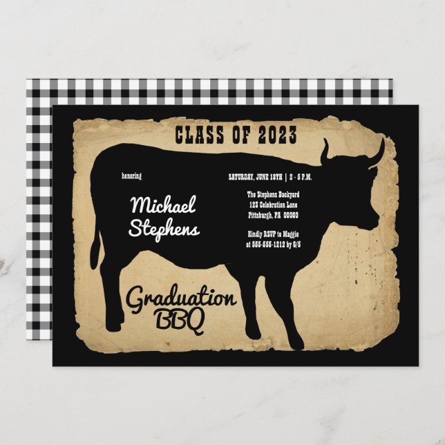 Rustic Country Cow Graduation Party Backyard BBQ Invitation (Front/Back)