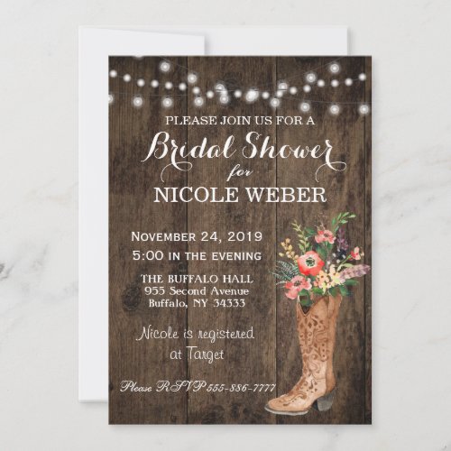 Rustic Country Cowboy Boot Bridal Shower Invite