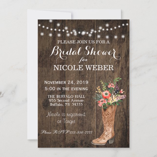 Rustic Country Cowboy Boot Bridal Shower Invite (Front)