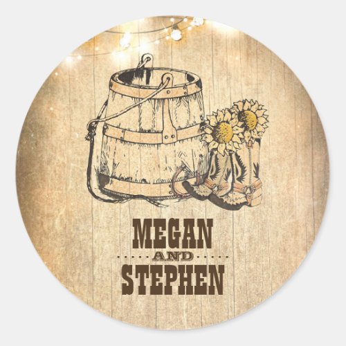 Rustic Country Cowboy Boots Barn Lights Wedding Classic Round Sticker