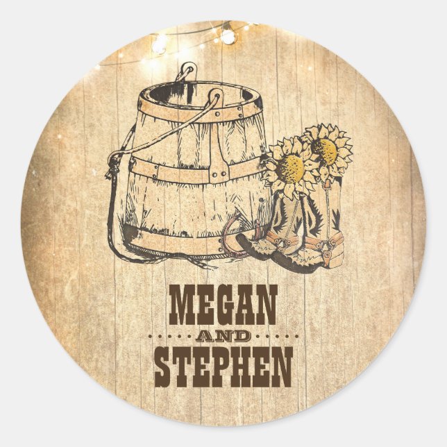 Rustic Country Cowboy Boots Barn Lights Wedding Classic Round Sticker (Front)