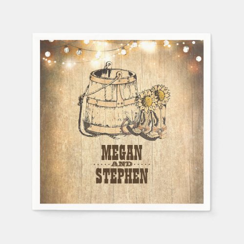 Rustic Country Cowboy Boots Barn Lights Wedding Paper Napkins