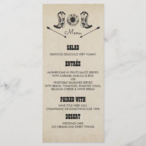 Rustic Country Cowboy Boots Wedding Menu Cards