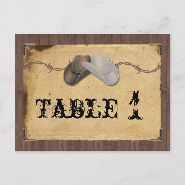 Rustic Country Cowboy Hats Barbed Table Number (Front)