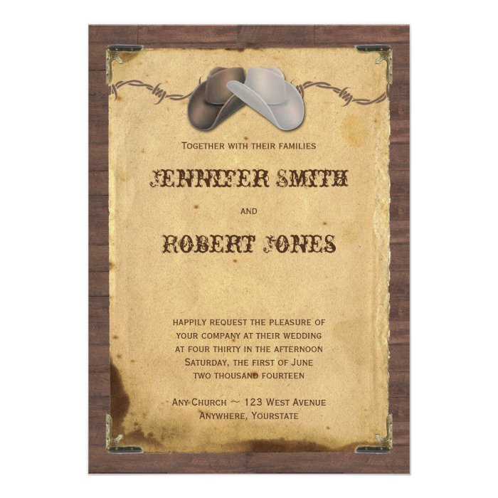 Rustic Country Cowboy Hats Barbed Wire Wedding Personalized Invites
