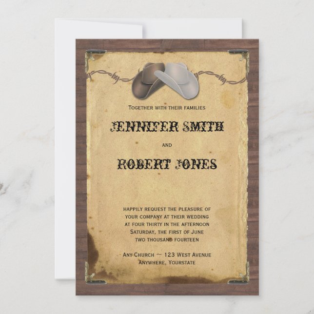 Rustic Country Cowboy Hats Barbed Wire Wedding Invitation (Front)