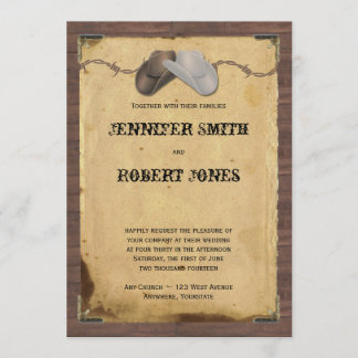 Rustic Country Cowboy Hats Barbed Wire Wedding Invitation